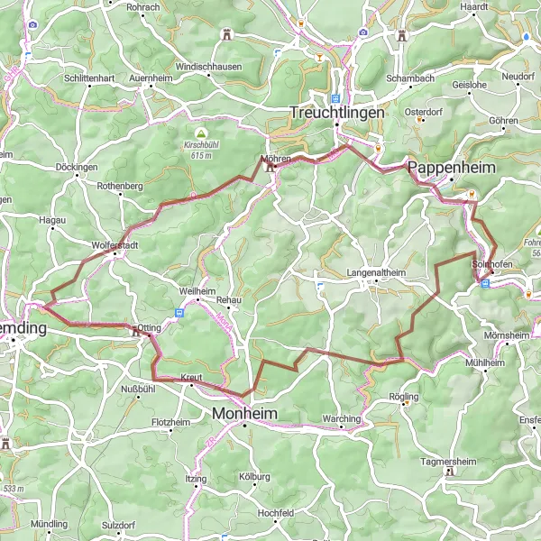 Map miniature of "Gravel Adventure to Monheim and Pappenheim" cycling inspiration in Mittelfranken, Germany. Generated by Tarmacs.app cycling route planner
