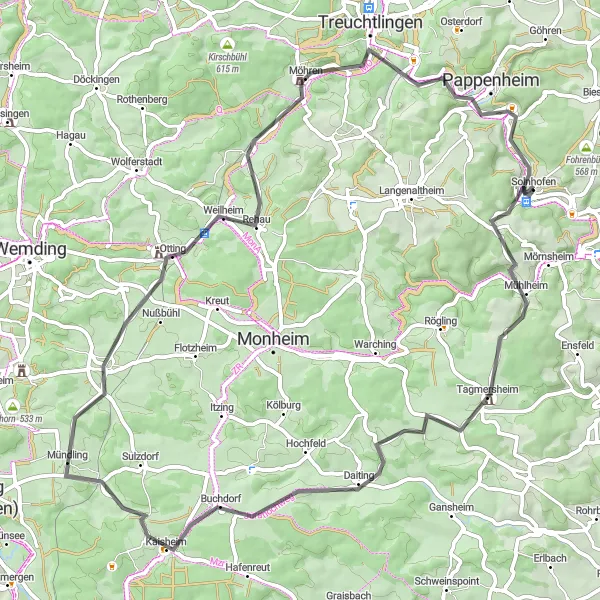 Map miniature of "Solnhofen to Treuchtlingen Road Cycling Route" cycling inspiration in Mittelfranken, Germany. Generated by Tarmacs.app cycling route planner