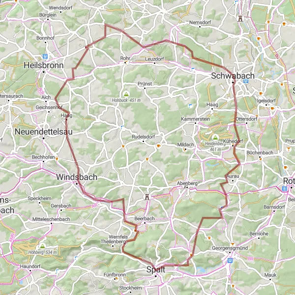 Map miniature of "Gravel Trails and Historic Gems: Goldberg and Schwabach" cycling inspiration in Mittelfranken, Germany. Generated by Tarmacs.app cycling route planner