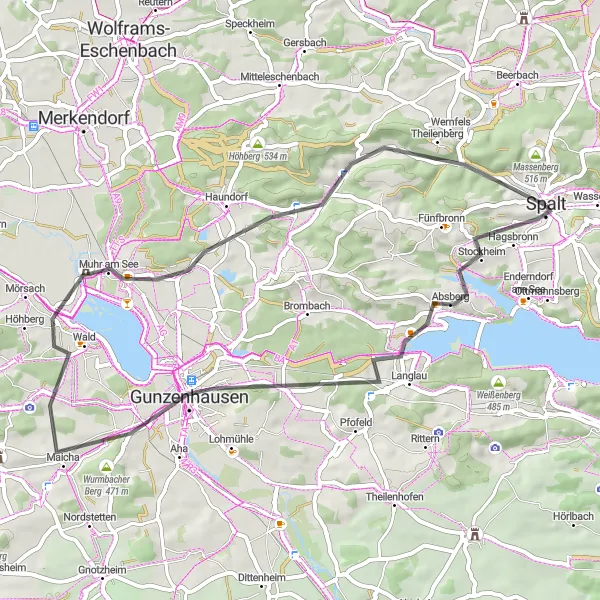 Karten-Miniaturansicht der Radinspiration "Kurze Road-Tour rund um Spalt" in Mittelfranken, Germany. Erstellt vom Tarmacs.app-Routenplaner für Radtouren