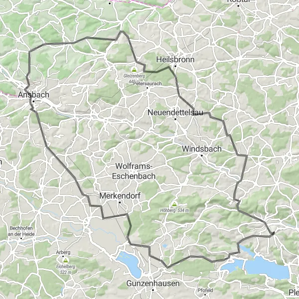 Map miniature of "Countryside Odyssey: Schleißrücken and Büchelberg" cycling inspiration in Mittelfranken, Germany. Generated by Tarmacs.app cycling route planner