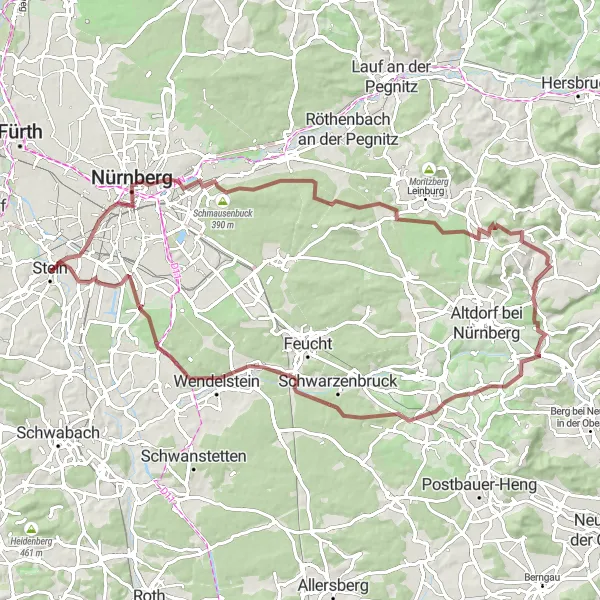 Map miniature of "Gravel Adventure in the Hirschwald" cycling inspiration in Mittelfranken, Germany. Generated by Tarmacs.app cycling route planner