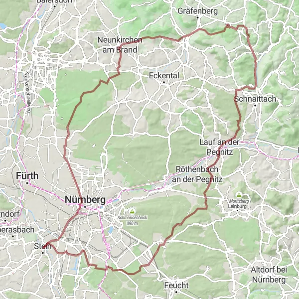 Map miniature of "Pegnitz and Nürnberger Land Gravel Ride" cycling inspiration in Mittelfranken, Germany. Generated by Tarmacs.app cycling route planner