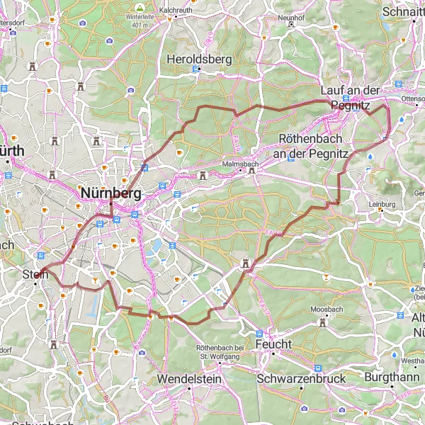 Map miniature of "Hidden Gems of Franconia Gravel Ride" cycling inspiration in Mittelfranken, Germany. Generated by Tarmacs.app cycling route planner