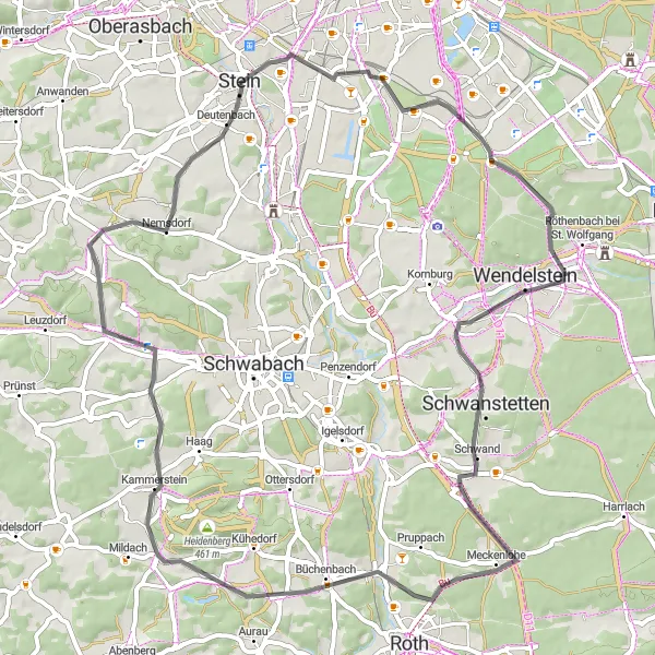 Map miniature of "Leerstetten Loop including Gustenfelden" cycling inspiration in Mittelfranken, Germany. Generated by Tarmacs.app cycling route planner