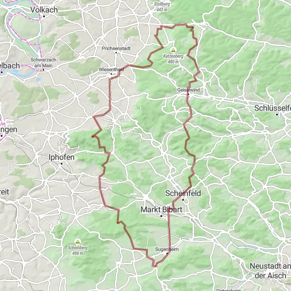 Karten-Miniaturansicht der Radinspiration "Weinberge und Naturpfade" in Mittelfranken, Germany. Erstellt vom Tarmacs.app-Routenplaner für Radtouren