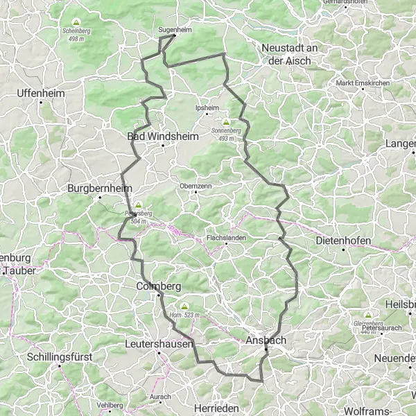 Map miniature of "Scenic Roads & Hidden Gems" cycling inspiration in Mittelfranken, Germany. Generated by Tarmacs.app cycling route planner