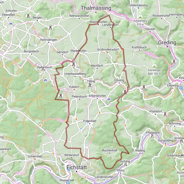 Map miniature of "Thalmässing Gravel Exploration" cycling inspiration in Mittelfranken, Germany. Generated by Tarmacs.app cycling route planner