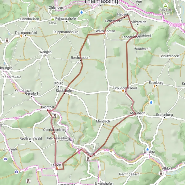 Map miniature of "Thalmässing Gravel Adventure" cycling inspiration in Mittelfranken, Germany. Generated by Tarmacs.app cycling route planner