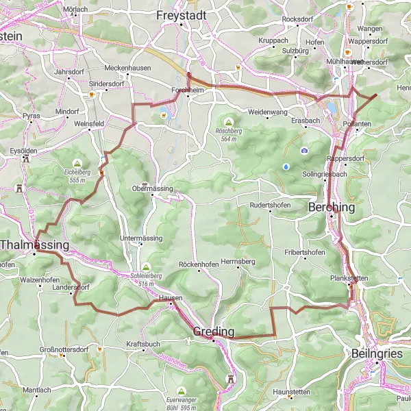 Map miniature of "Thalmässing and Surroundings Gravel Route" cycling inspiration in Mittelfranken, Germany. Generated by Tarmacs.app cycling route planner