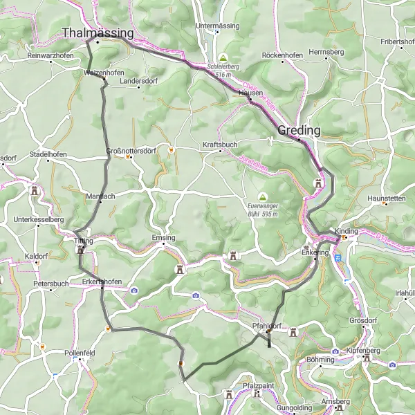 Map miniature of "Thalmässing and Surroundings Road Route" cycling inspiration in Mittelfranken, Germany. Generated by Tarmacs.app cycling route planner