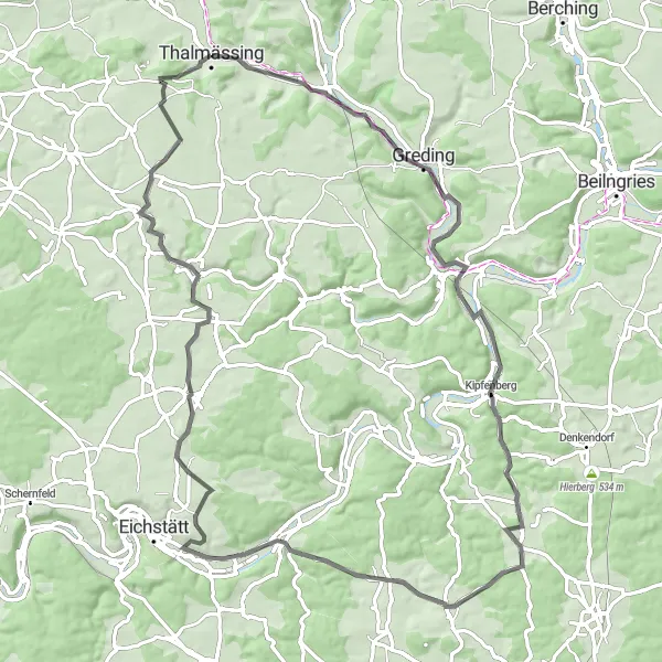 Map miniature of "Thalmässing to Bürg Loop" cycling inspiration in Mittelfranken, Germany. Generated by Tarmacs.app cycling route planner