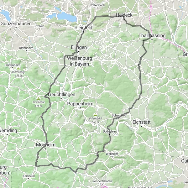 Map miniature of "Thalmässing and Surroundings Road Route" cycling inspiration in Mittelfranken, Germany. Generated by Tarmacs.app cycling route planner