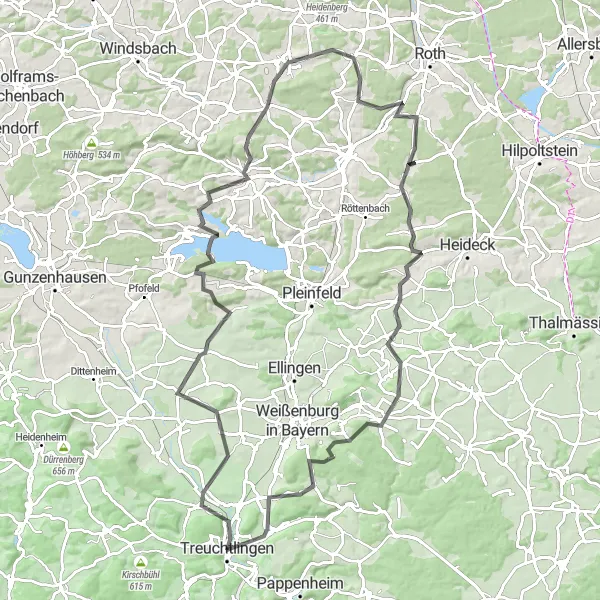 Map miniature of "Treuchtlingen Round Trip - Road Cycling" cycling inspiration in Mittelfranken, Germany. Generated by Tarmacs.app cycling route planner