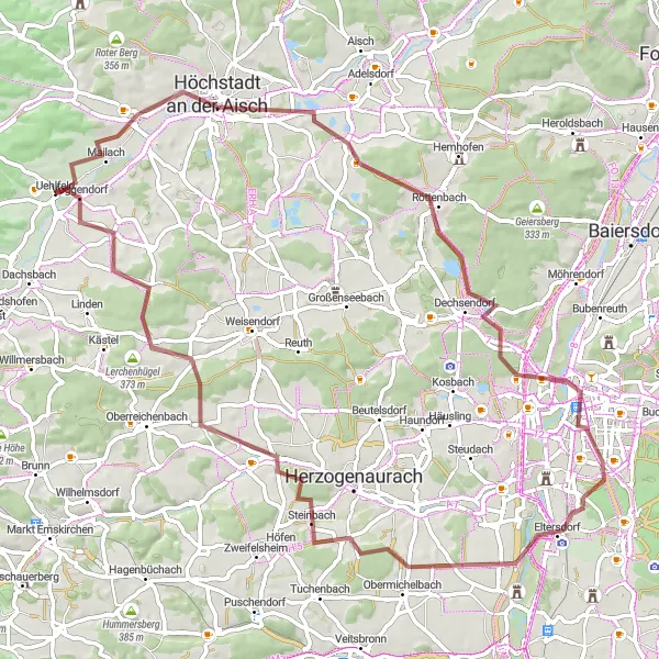 Map miniature of "Gravel Route 1" cycling inspiration in Mittelfranken, Germany. Generated by Tarmacs.app cycling route planner