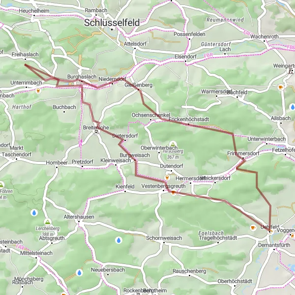 Karten-Miniaturansicht der Radinspiration "Abenteuerliches Gravel-Radfahren um Uehlfeld" in Mittelfranken, Germany. Erstellt vom Tarmacs.app-Routenplaner für Radtouren