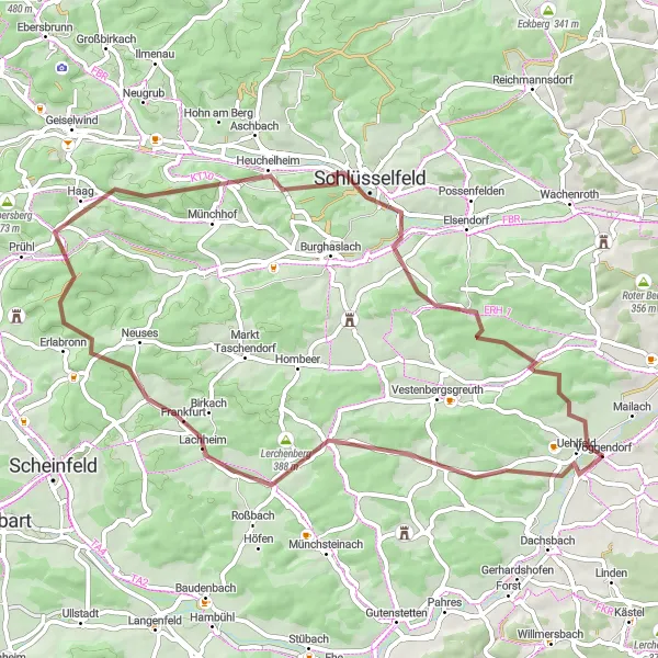 Karten-Miniaturansicht der Radinspiration "Rundfahrt um Uehlfeld (Schotter)" in Mittelfranken, Germany. Erstellt vom Tarmacs.app-Routenplaner für Radtouren