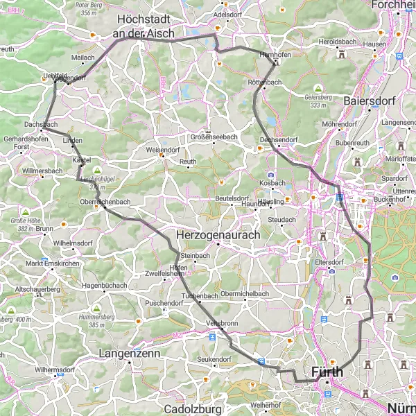 Map miniature of "Road Route 2" cycling inspiration in Mittelfranken, Germany. Generated by Tarmacs.app cycling route planner