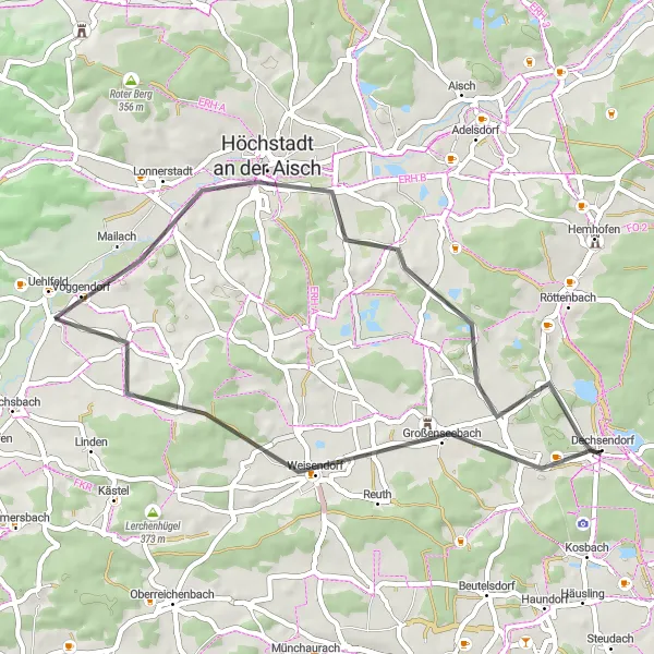 Karten-Miniaturansicht der Radinspiration "Rundtour durch Lauberberg und Arnshöchstädt" in Mittelfranken, Germany. Erstellt vom Tarmacs.app-Routenplaner für Radtouren