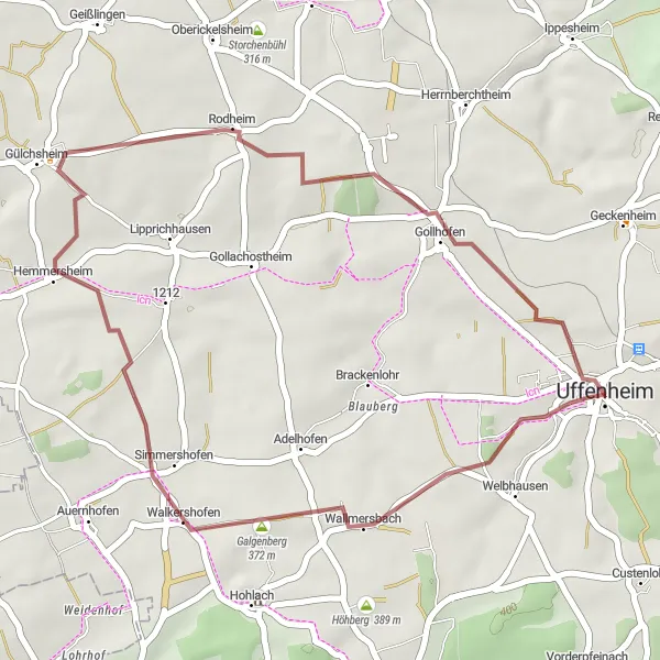 Karten-Miniaturansicht der Radinspiration "Ruhige Gravelstrecke um Uffenheim" in Mittelfranken, Germany. Erstellt vom Tarmacs.app-Routenplaner für Radtouren