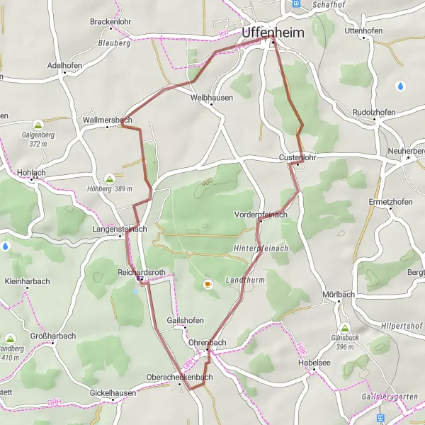 Karten-Miniaturansicht der Radinspiration "Gemütliche Graveltour um Uffenheim" in Mittelfranken, Germany. Erstellt vom Tarmacs.app-Routenplaner für Radtouren