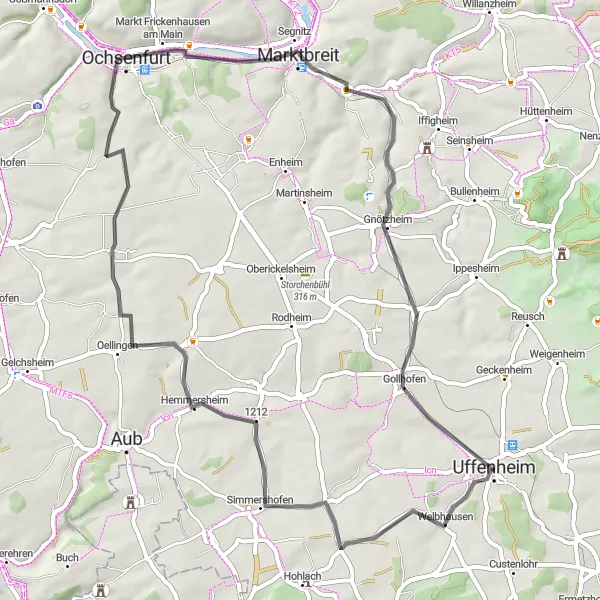 Karten-Miniaturansicht der Radinspiration "Schöne Straßenrunde um Uffenheim" in Mittelfranken, Germany. Erstellt vom Tarmacs.app-Routenplaner für Radtouren