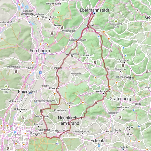 Map miniature of "Challenging Gravel Loop" cycling inspiration in Mittelfranken, Germany. Generated by Tarmacs.app cycling route planner