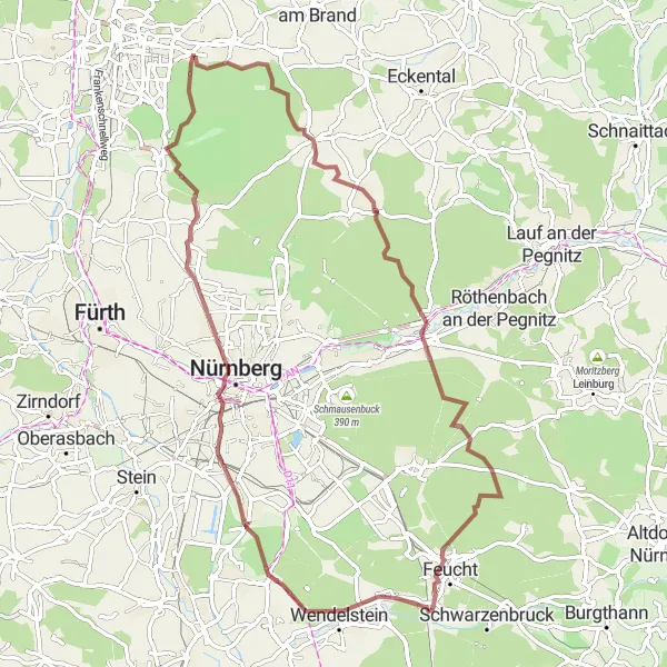 Map miniature of "The Gravel Adventure" cycling inspiration in Mittelfranken, Germany. Generated by Tarmacs.app cycling route planner