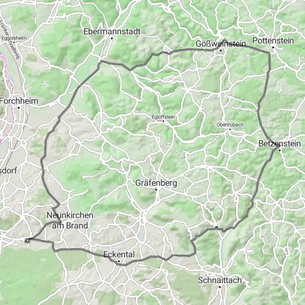 Map miniature of "A Tour of Historical Gems" cycling inspiration in Mittelfranken, Germany. Generated by Tarmacs.app cycling route planner
