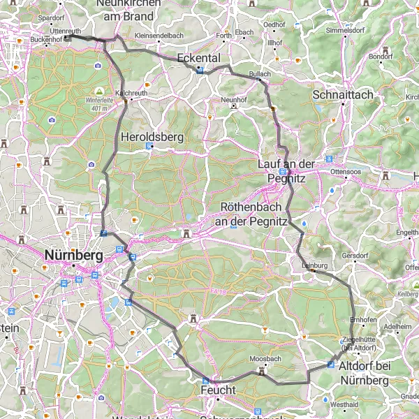 Karten-Miniaturansicht der Radinspiration "Fahrradtour ab Uttenreuth - Mistelberg" in Mittelfranken, Germany. Erstellt vom Tarmacs.app-Routenplaner für Radtouren