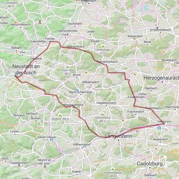 Karten-Miniaturansicht der Radinspiration "Gravel-Runde durch Langenzenn und Oberreichenbach" in Mittelfranken, Germany. Erstellt vom Tarmacs.app-Routenplaner für Radtouren