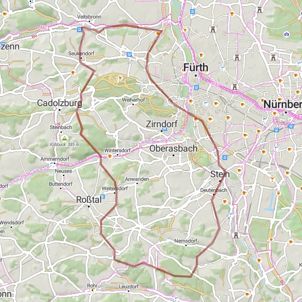 Karten-Miniaturansicht der Radinspiration "Veitsbronn Schleifenrunde" in Mittelfranken, Germany. Erstellt vom Tarmacs.app-Routenplaner für Radtouren