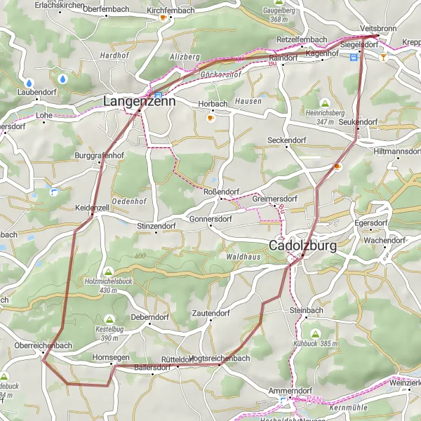 Map miniature of "Veitsbronn Seukendorf Gravel Loop" cycling inspiration in Mittelfranken, Germany. Generated by Tarmacs.app cycling route planner