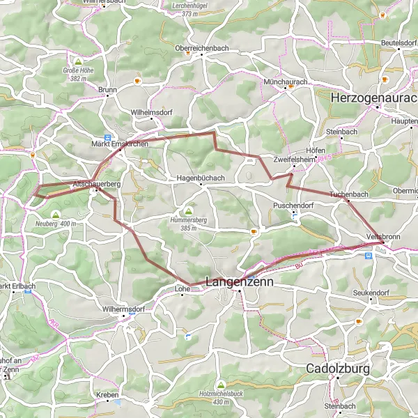 Map miniature of "Gravel Adventure - Kloster Route" cycling inspiration in Mittelfranken, Germany. Generated by Tarmacs.app cycling route planner