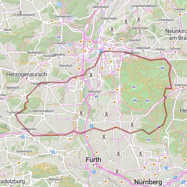 Karten-Miniaturansicht der Radinspiration "Gravel-Route durch Tuchenbach und Veitsbronn" in Mittelfranken, Germany. Erstellt vom Tarmacs.app-Routenplaner für Radtouren