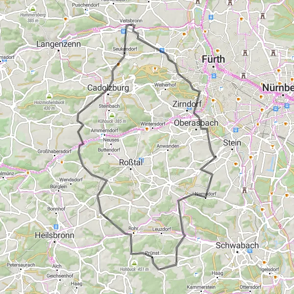 Karten-Miniaturansicht der Radinspiration "Turm und Aussicht Cadolzburg" in Mittelfranken, Germany. Erstellt vom Tarmacs.app-Routenplaner für Radtouren