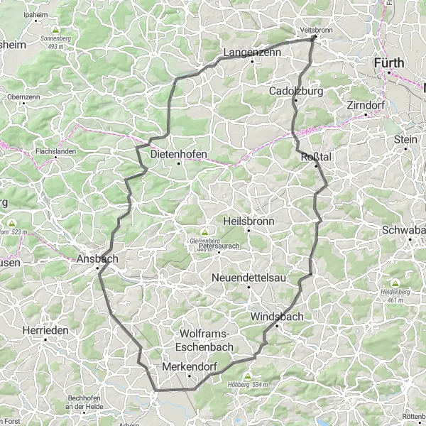 Karten-Miniaturansicht der Radinspiration "Große Mittelfranken Rundfahrt" in Mittelfranken, Germany. Erstellt vom Tarmacs.app-Routenplaner für Radtouren
