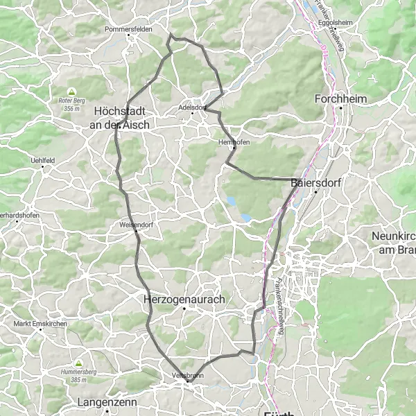 Map miniature of "Veitsbronn-Tuchenbach Route" cycling inspiration in Mittelfranken, Germany. Generated by Tarmacs.app cycling route planner