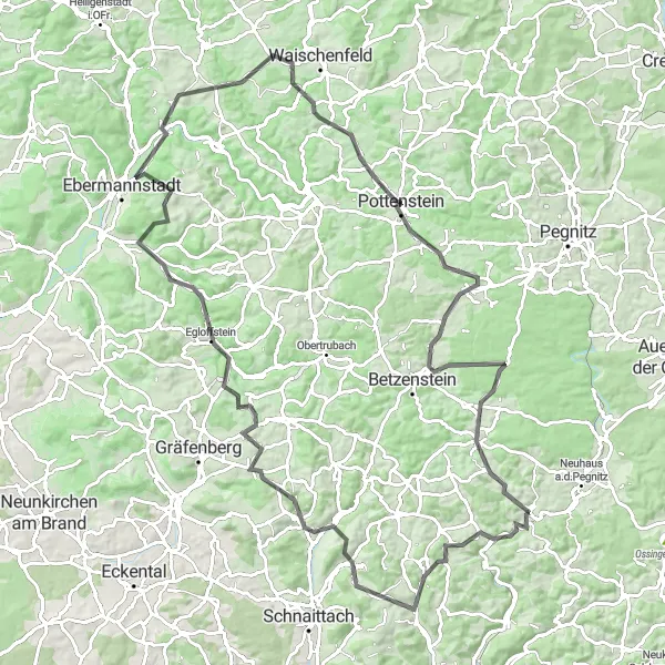 Karten-Miniaturansicht der Radinspiration "Fränkische Schweiz-Rundtour durch Egloffstein und Pottenstein" in Mittelfranken, Germany. Erstellt vom Tarmacs.app-Routenplaner für Radtouren