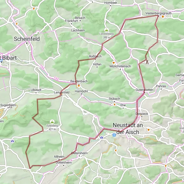 Karten-Miniaturansicht der Radinspiration "Gravelabenteuer um Vestenbergsgreuth" in Mittelfranken, Germany. Erstellt vom Tarmacs.app-Routenplaner für Radtouren