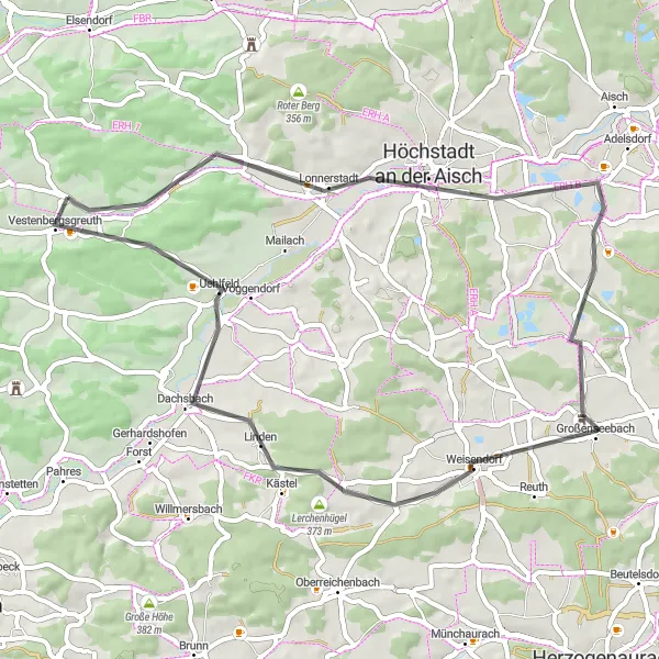 Map miniature of "Discover the Hillside Villages of Mittelfranken" cycling inspiration in Mittelfranken, Germany. Generated by Tarmacs.app cycling route planner