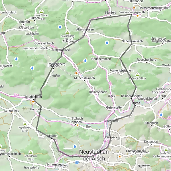 Map miniature of "Scenic Loop from Gutenstetten to Vestenbergsgreuth" cycling inspiration in Mittelfranken, Germany. Generated by Tarmacs.app cycling route planner