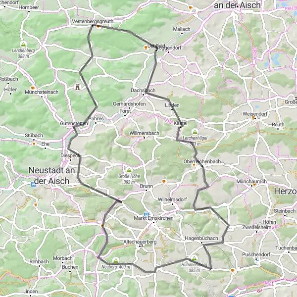Karten-Miniaturansicht der Radinspiration "Rundtour durch Mittelfranken" in Mittelfranken, Germany. Erstellt vom Tarmacs.app-Routenplaner für Radtouren