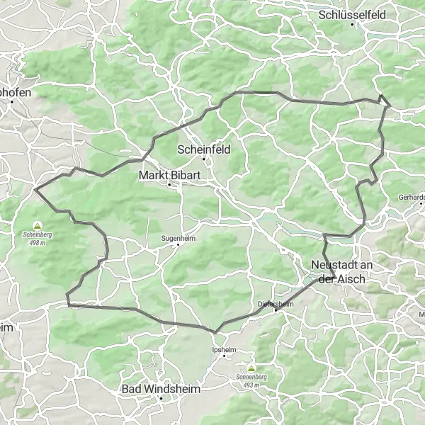 Karten-Miniaturansicht der Radinspiration "Herausforderung um Vestenbergsgreuth" in Mittelfranken, Germany. Erstellt vom Tarmacs.app-Routenplaner für Radtouren