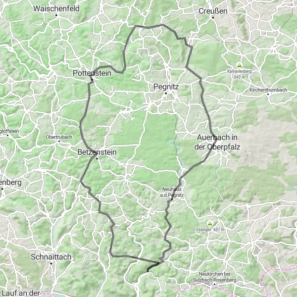 Karten-Miniaturansicht der Radinspiration "Road-Tour über Auerbach und Wallsdorf" in Mittelfranken, Germany. Erstellt vom Tarmacs.app-Routenplaner für Radtouren