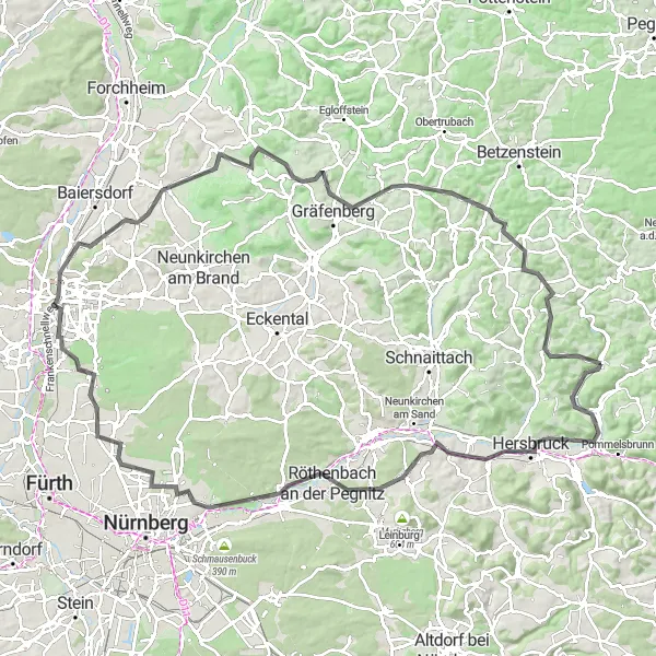 Karten-Miniaturansicht der Radinspiration "Road-Tour durch das Pegnitztal und Rangener Berg" in Mittelfranken, Germany. Erstellt vom Tarmacs.app-Routenplaner für Radtouren