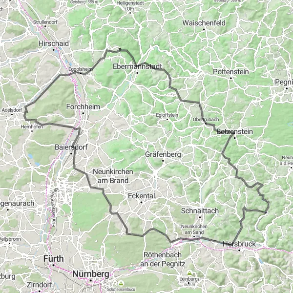Karten-Miniaturansicht der Radinspiration "Rundweg durch Mittelfranken" in Mittelfranken, Germany. Erstellt vom Tarmacs.app-Routenplaner für Radtouren