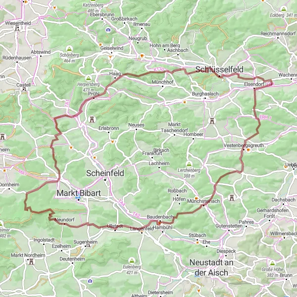 Map miniature of "Scenic Gravel Loop in Mittelfranken" cycling inspiration in Mittelfranken, Germany. Generated by Tarmacs.app cycling route planner