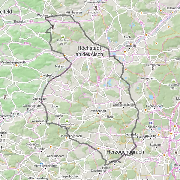 Map miniature of "Road Delights in Mittelfranken" cycling inspiration in Mittelfranken, Germany. Generated by Tarmacs.app cycling route planner