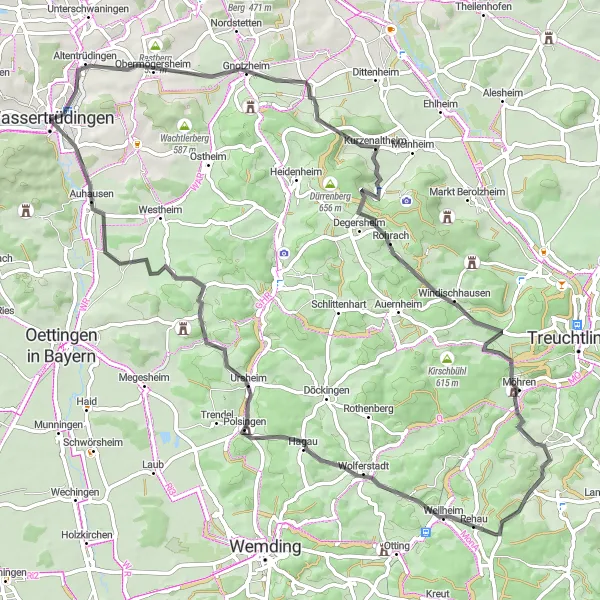 Map miniature of "Mittelfranken Scenic Road Cycling Route" cycling inspiration in Mittelfranken, Germany. Generated by Tarmacs.app cycling route planner